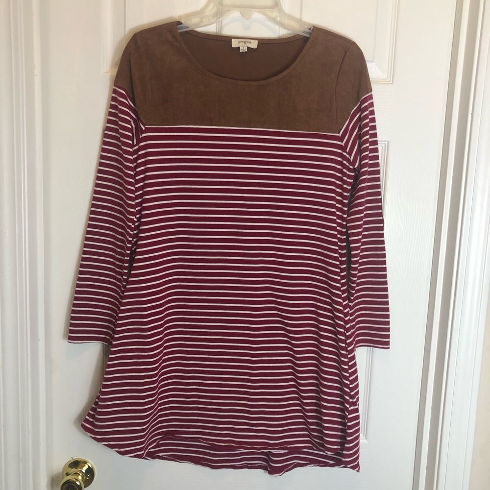 Umgee Striped Long Sleeve Dress with Faux Suede Shoulders and Elbow. Size Small